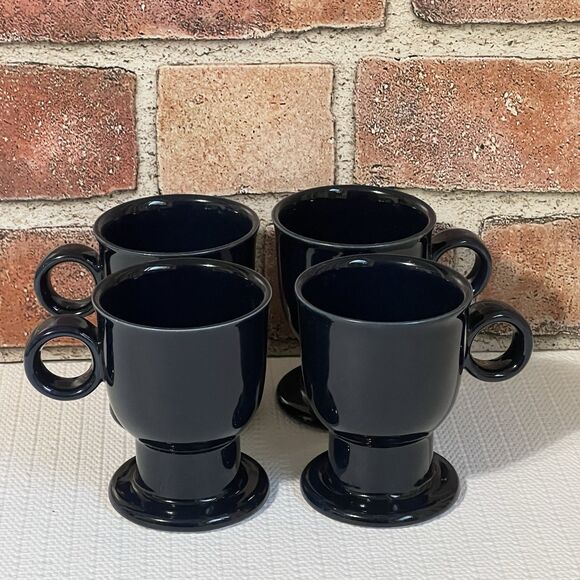 VINTAGE Cobalt Blue Ceramic Pedestal Expresso Coffee Mug Cup Set Of 4 Round - Picture 1 of 17